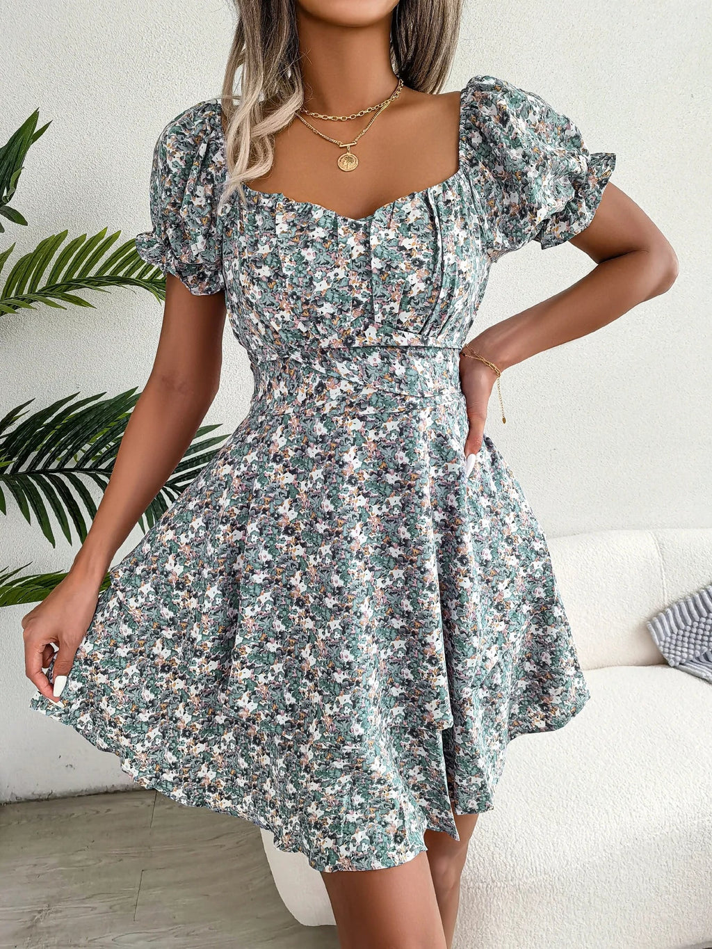 Floral Print Pleated Dress For Women Knee Length Summer