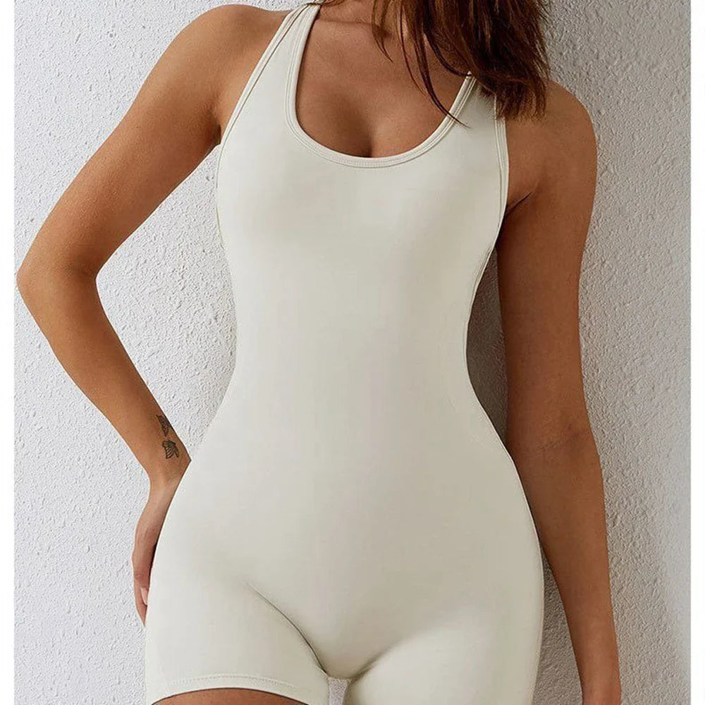 Women Sleeveless Yoga Playsuit Low Neck Slim Fit Stretch Short Jumpsuit with Chest Pads One Piece Romper Sportwear
