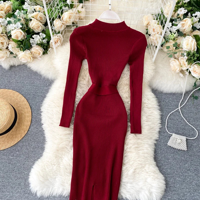 Womens Winter Knitted Dress Stand Collar With Sash Belt