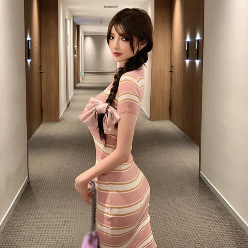 Striped Knit Dress Wrapped Short Hip With Front Slit