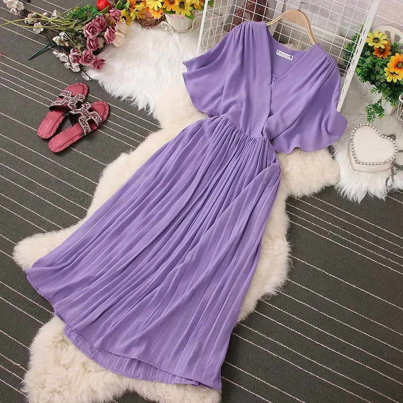 Chiffon Pleated Lace Up V Neck Dress For Women Summer