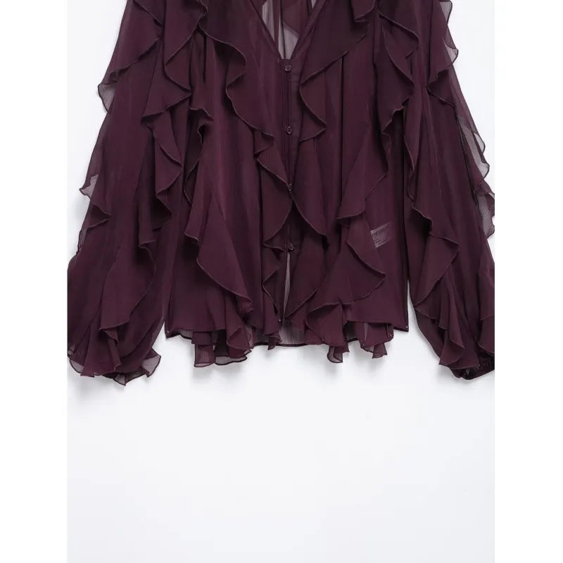 Women's Stacked Decorative V Neck Blouse Button Prairie Chic Casual Elegant Spring Shirt