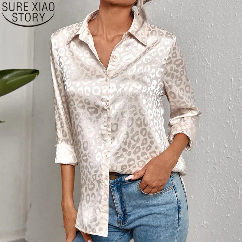 Elegant Long Sleeve Leopard Jacquard Blouse for Women with Turn Down Collar and Button Front Office Shirt Autumn Spring Fashion Top