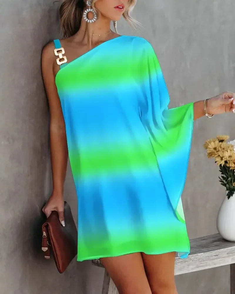 Summer Off Shoulder Dress With Printed Diagonal Neck Bat Sleeve