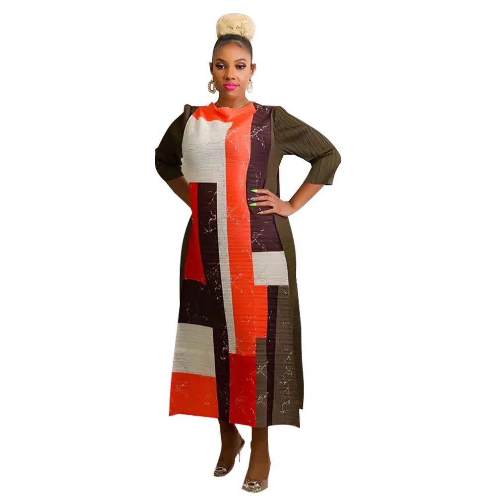 Leaf Print Pleated Boho Maxi Dress for Women Casual Beach