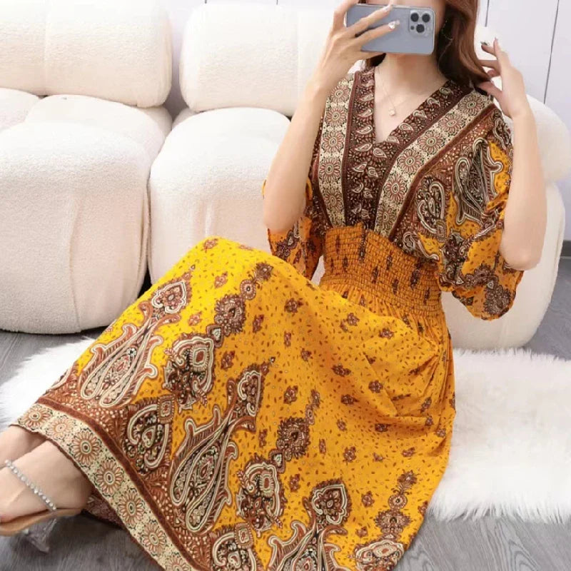 Chic Womens V Neck Vintage Boho Print A Line Dress Style