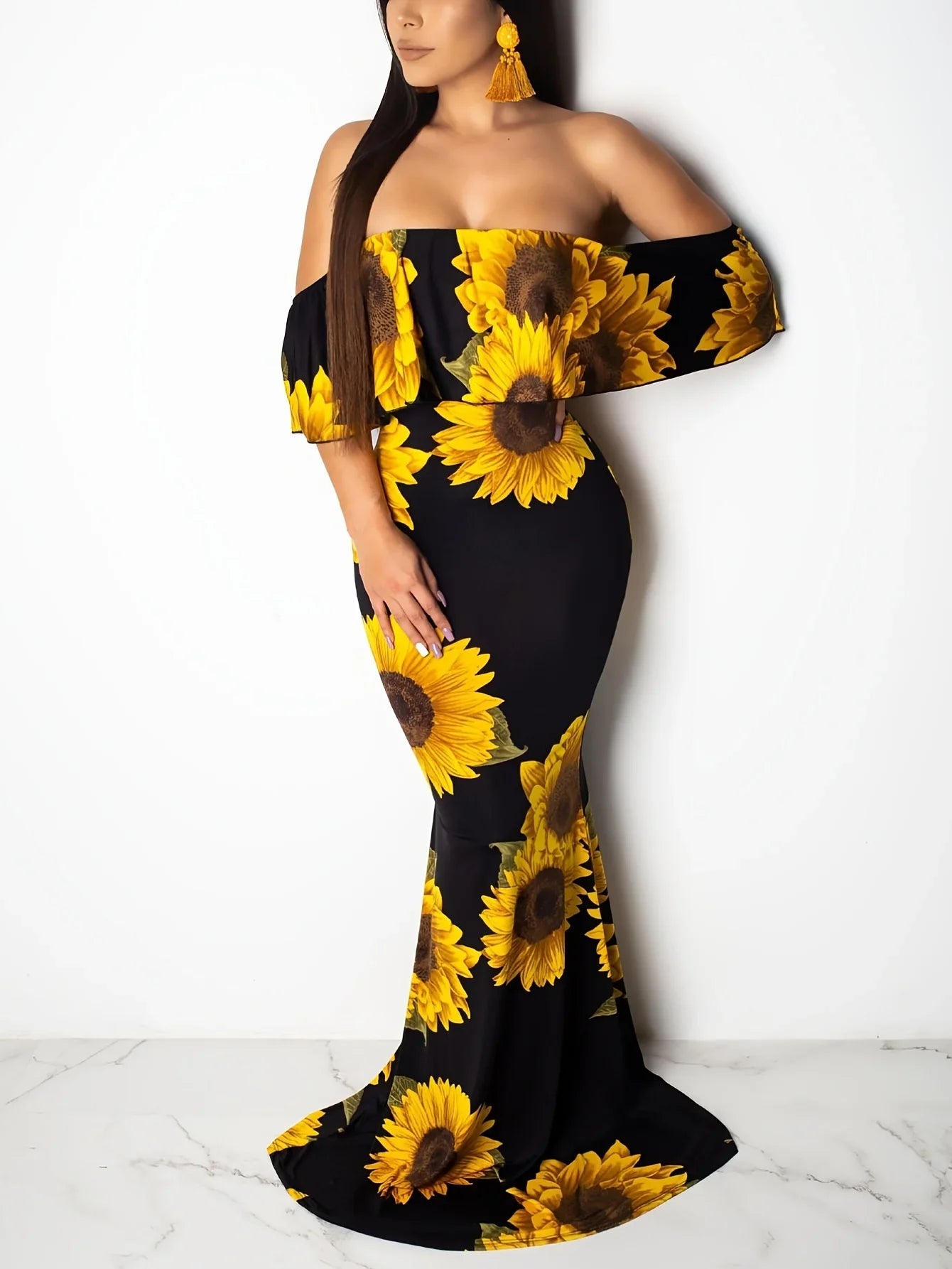 Floral Print Maxi Dress Off Shoulder Bodycon Silhouette