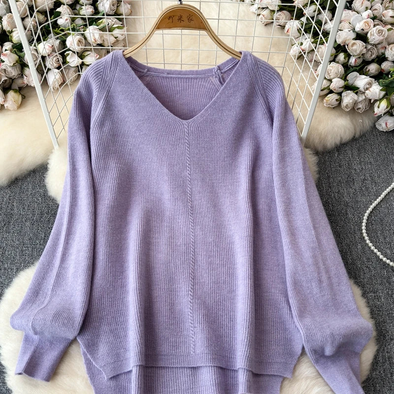 Cozy Knitted Two-Piece Women's Tracksuit Set with V-Neck Sweater and Straight Jogging Pants Autumn Winter Lounge Wear