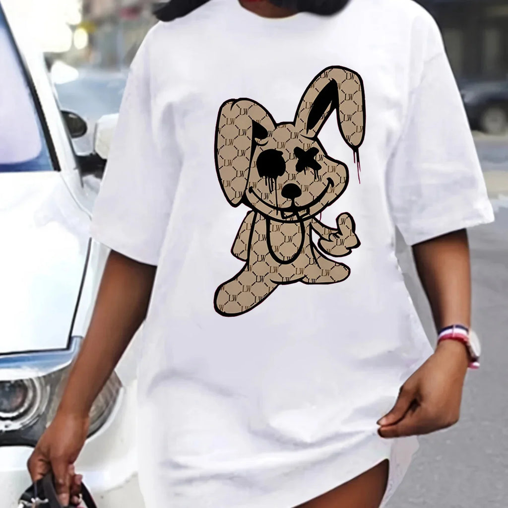 Oversized Rabbit Print Round Neck T Shirt Dress For Women