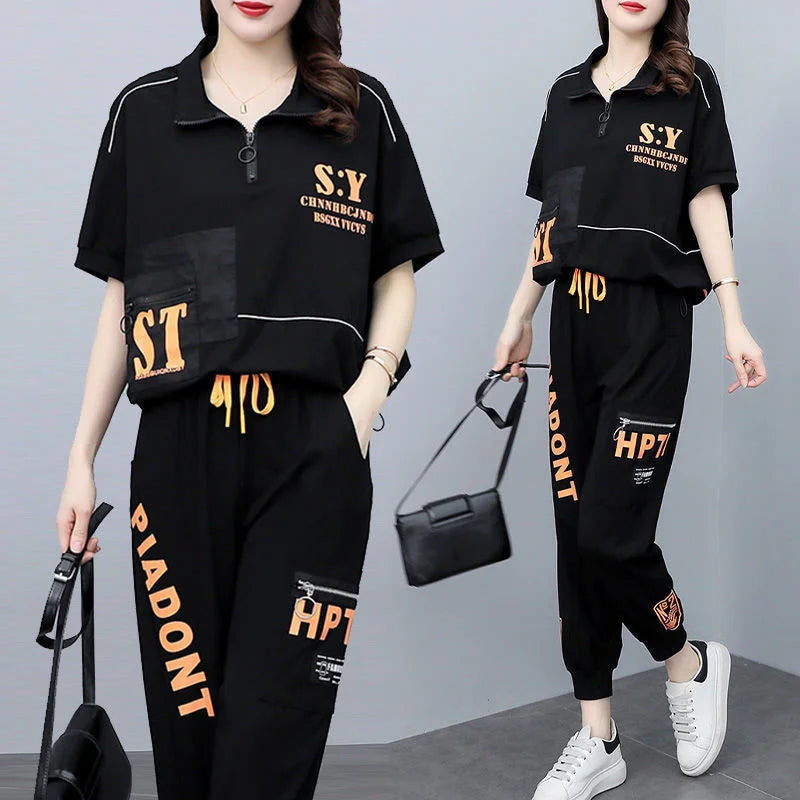Women's Summer Korean Style Sports Suit Loose Short Sleeve Top and Pencil Pants Two Piece Set