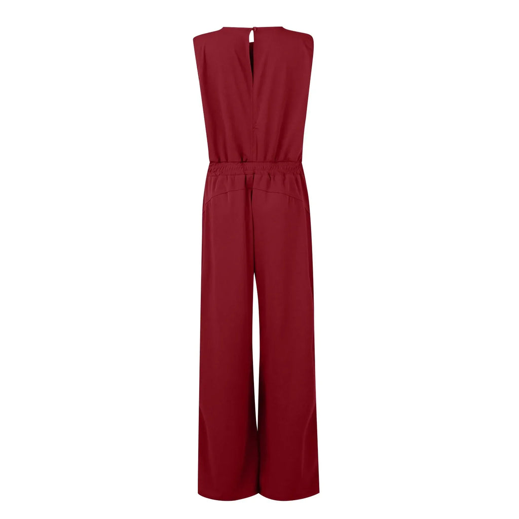 Women's Sleeveless Solid Color Casual Jumpsuit with Drawstring Waist Pockets Straight Leg Thin Commuting Outfit