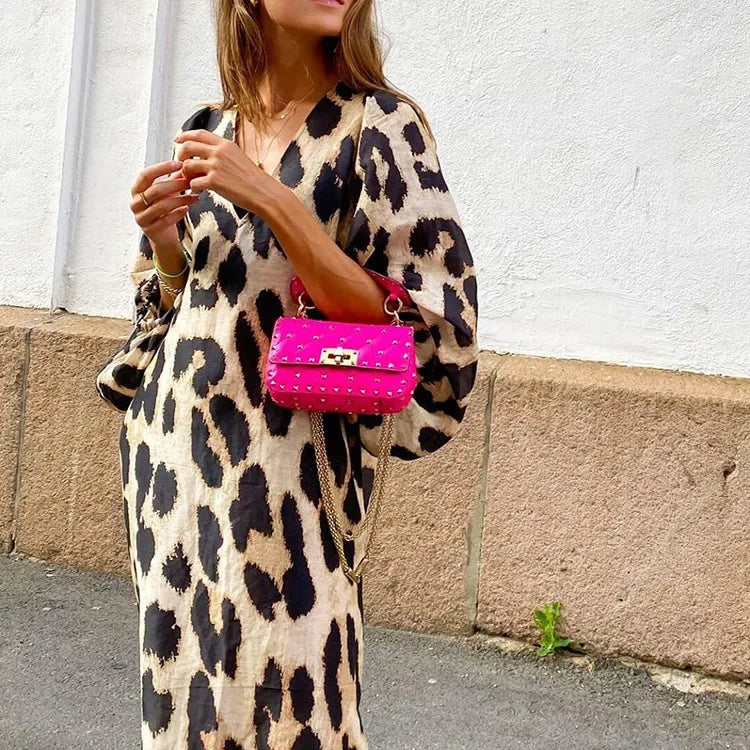 Leopard Print Casual Dress With V Neck Lantern Sleeve
