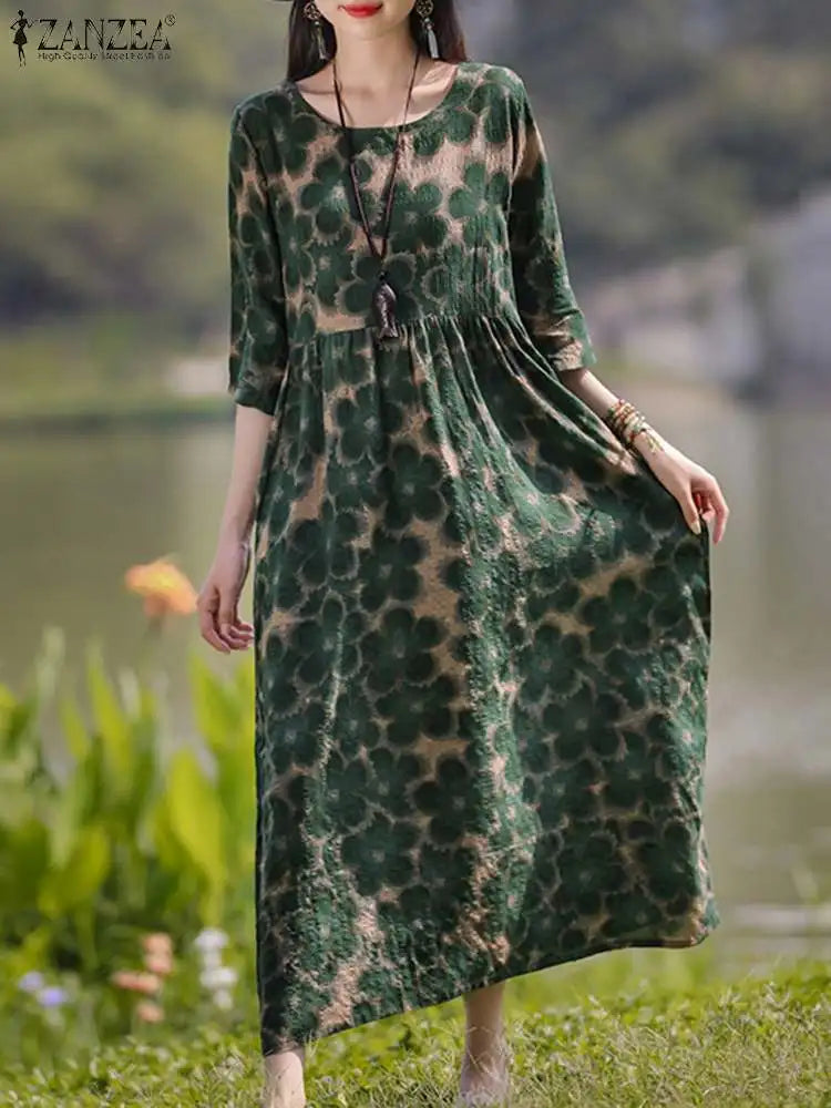 Bohemian Floral Maxi Dress with Three Quarter Sleeves