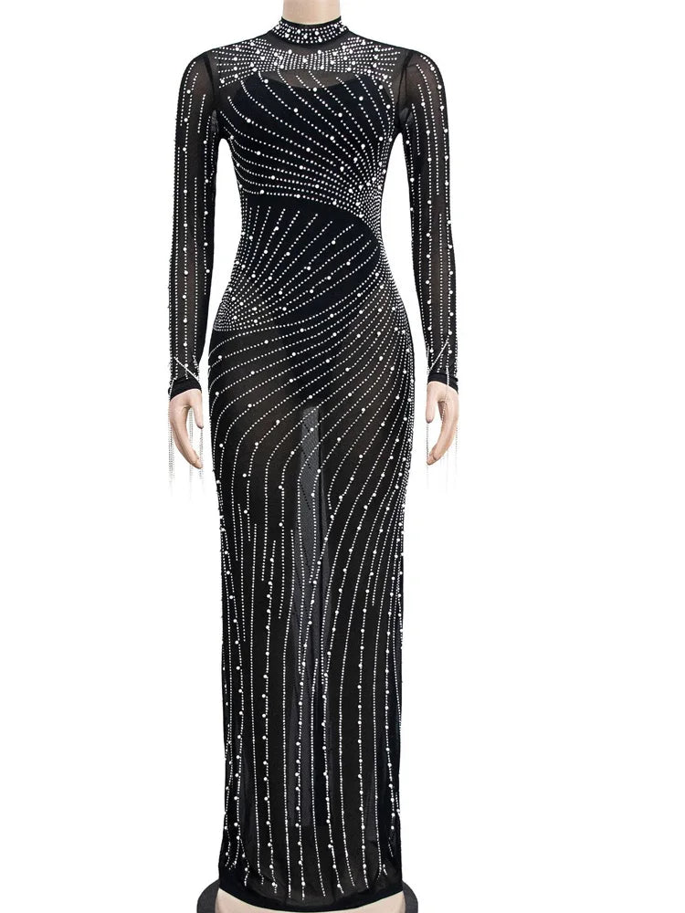Pearl Rhinestone Mesh Evening Dress For Women Glam Gown