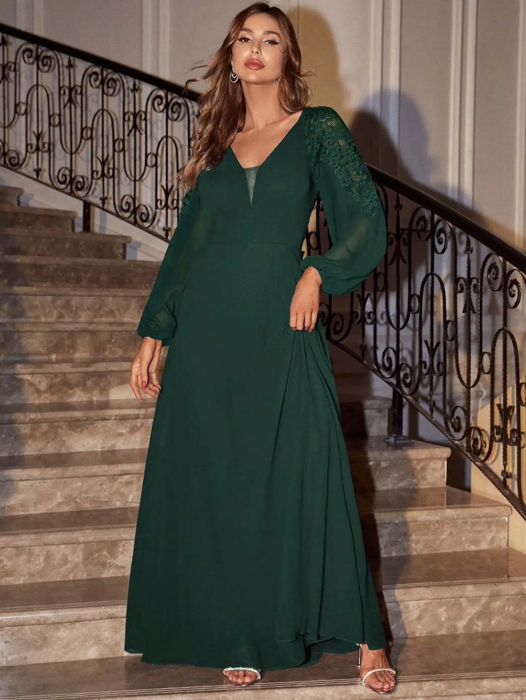 V Neck Chiffon Lace Patchwork Evening Ball Gown For Party