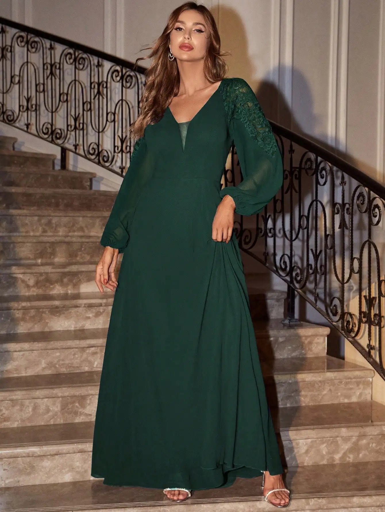 V Neck Chiffon Lace Patchwork Evening Ball Gown For Party