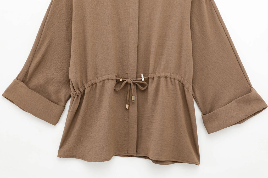 Women Casual Brown Lace-Up Waist Shirt and High Waist Wide Leg Pants Set for Spring Fashion