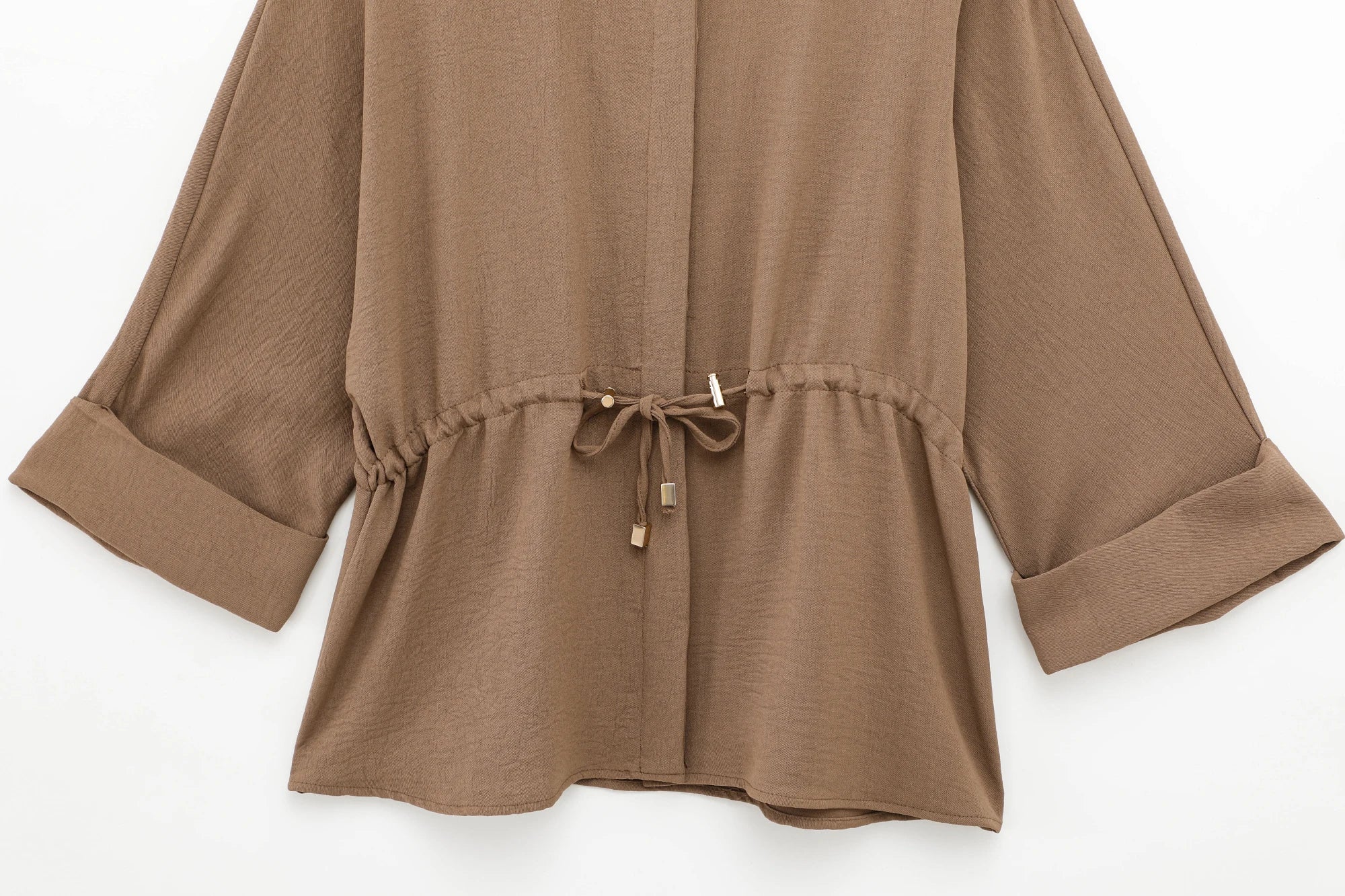 Women Casual Brown Lace-Up Waist Shirt and High Waist Wide Leg Pants Set for Spring Fashion