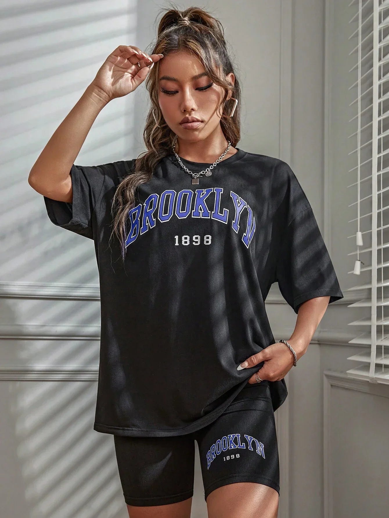 Brooklyn 1898 New York City Letter Graphic Cotton T-Shirt and Oversized Shorts Two-Piece Summer Casual Set for Women S-XL