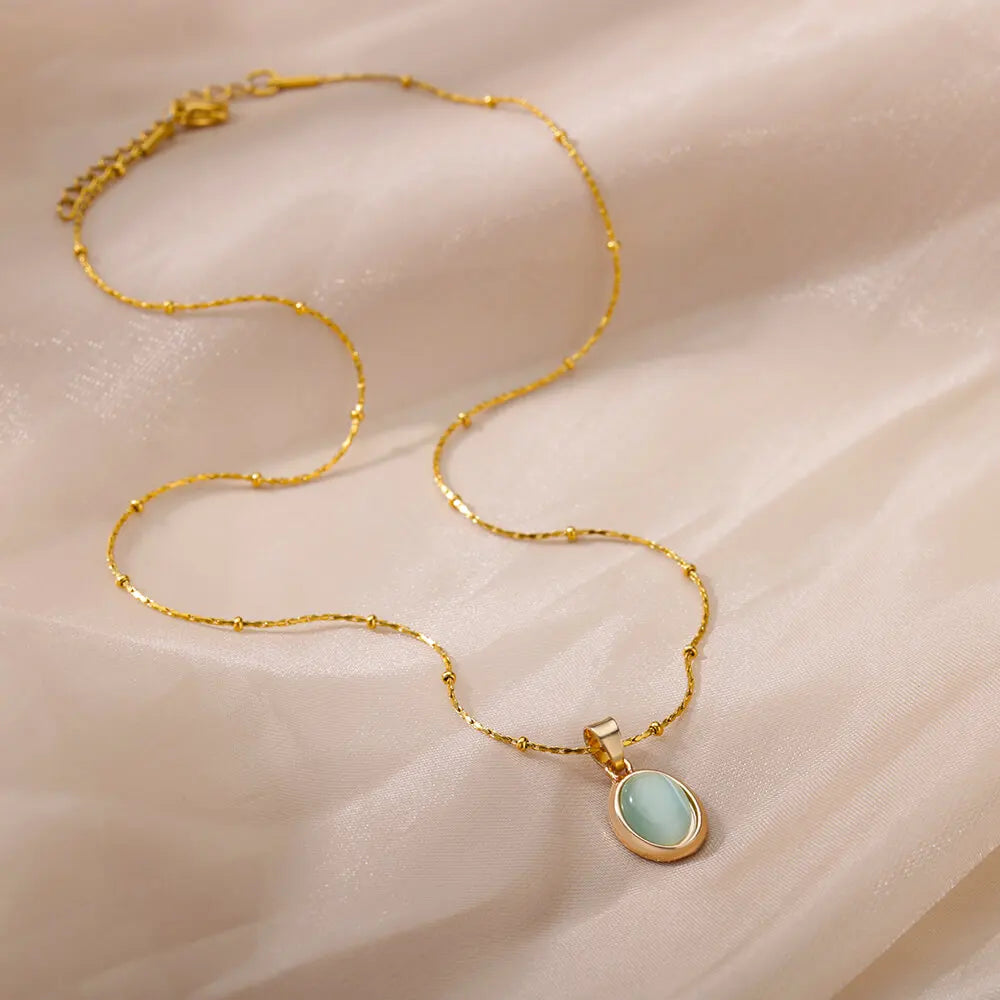 Gold Color Opal Oval Necklace for Women Stainless Steel Pendant Jewelry Gift