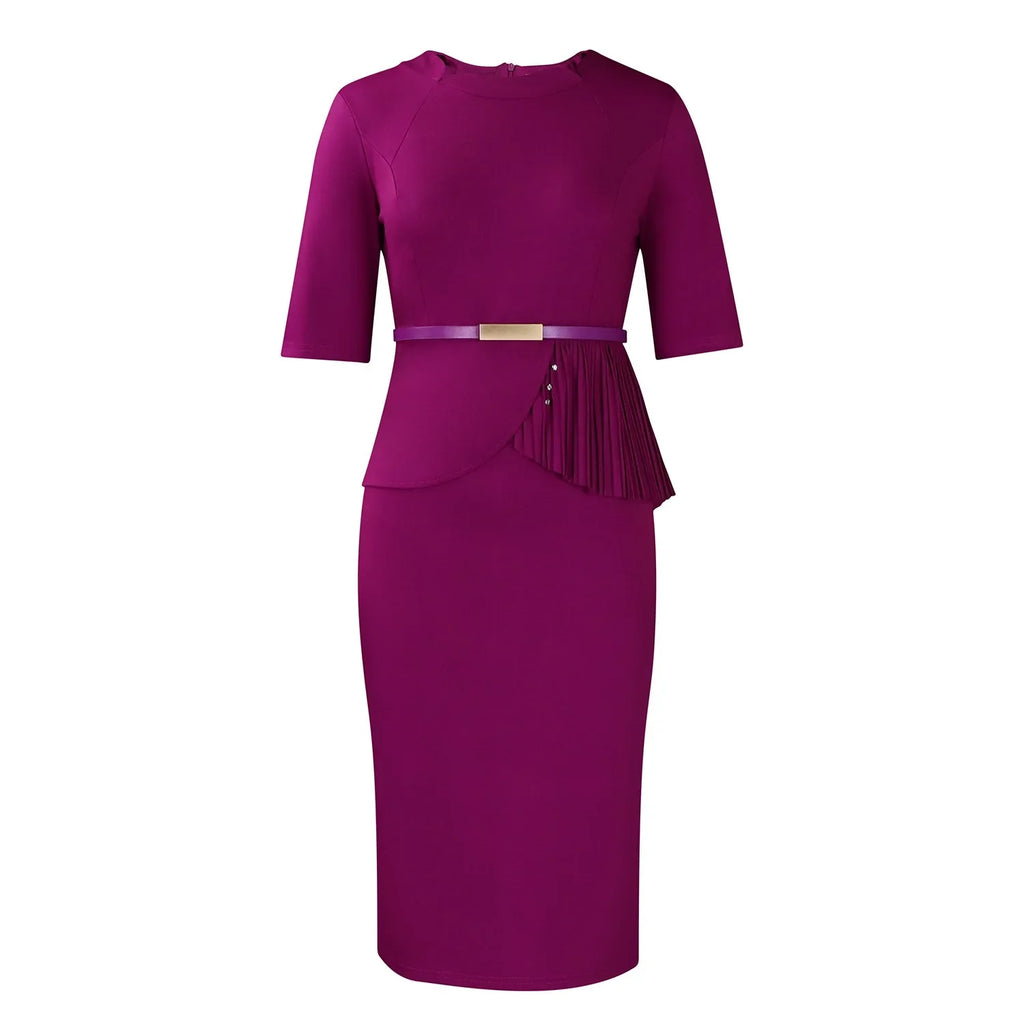 Women Square Neck Bodycon Midi Dress Belted For Work