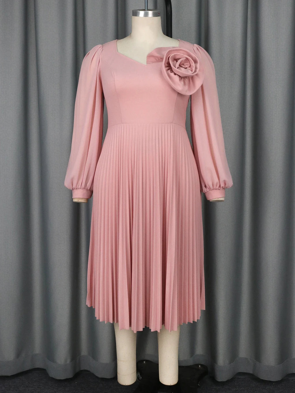 Pink Bubble Sleeve Dress 3D Flowers O Neck Pleated Maxi