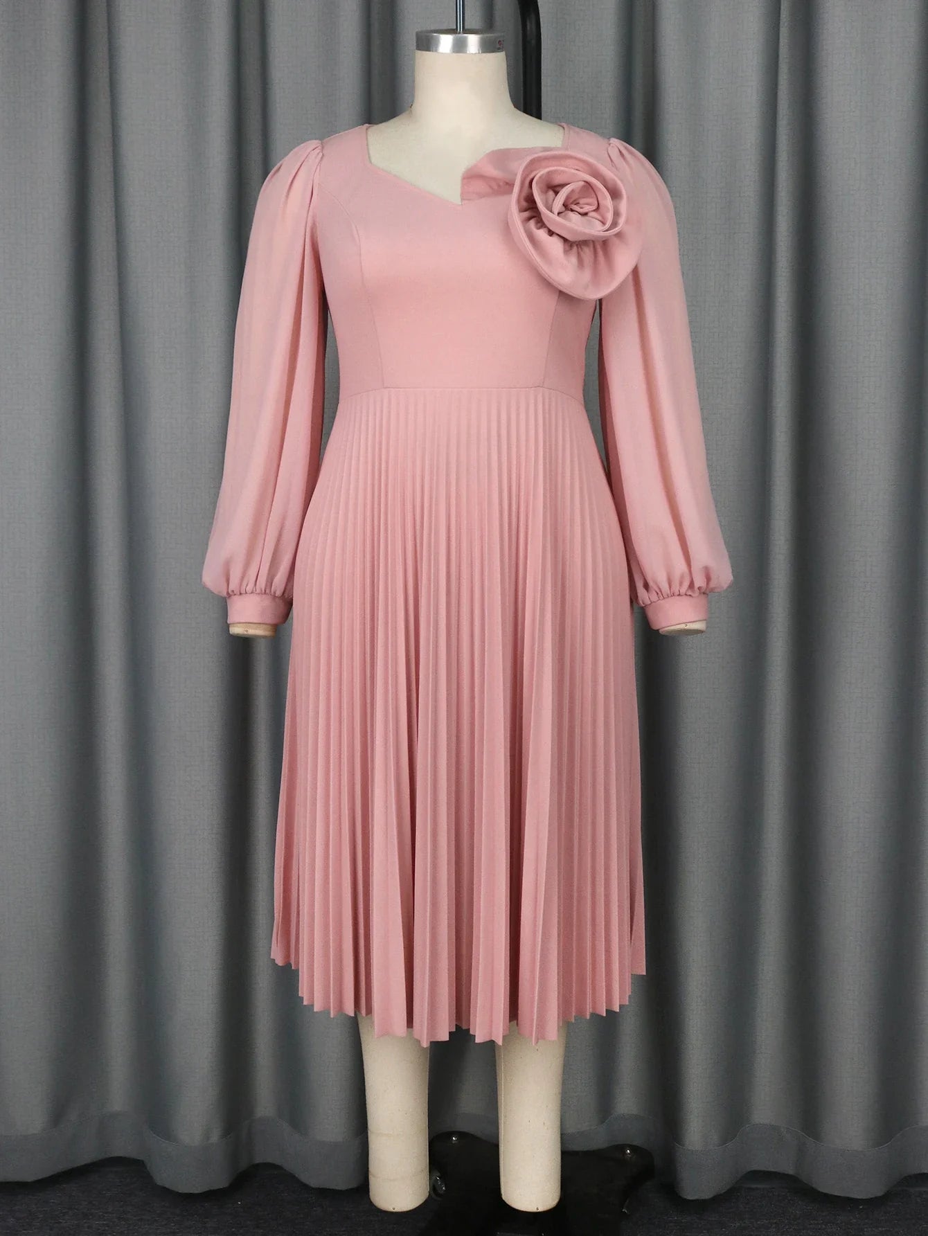 Pink Bubble Sleeve Dress 3D Flowers O Neck Pleated Maxi
