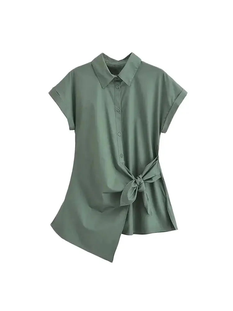 Asymmetric Poplin Shirt for Women with Front Knot Ties Short Sleeve Button-Up Chic Blouse Top