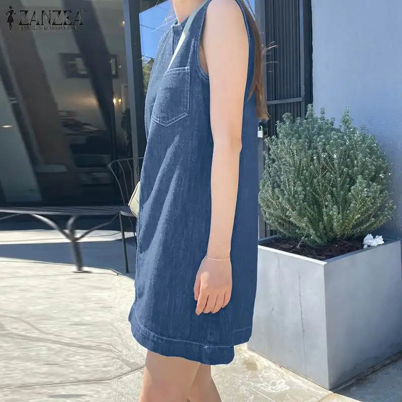 Denim Midi Dress for Women Sleeveless O Neck Blue Casual