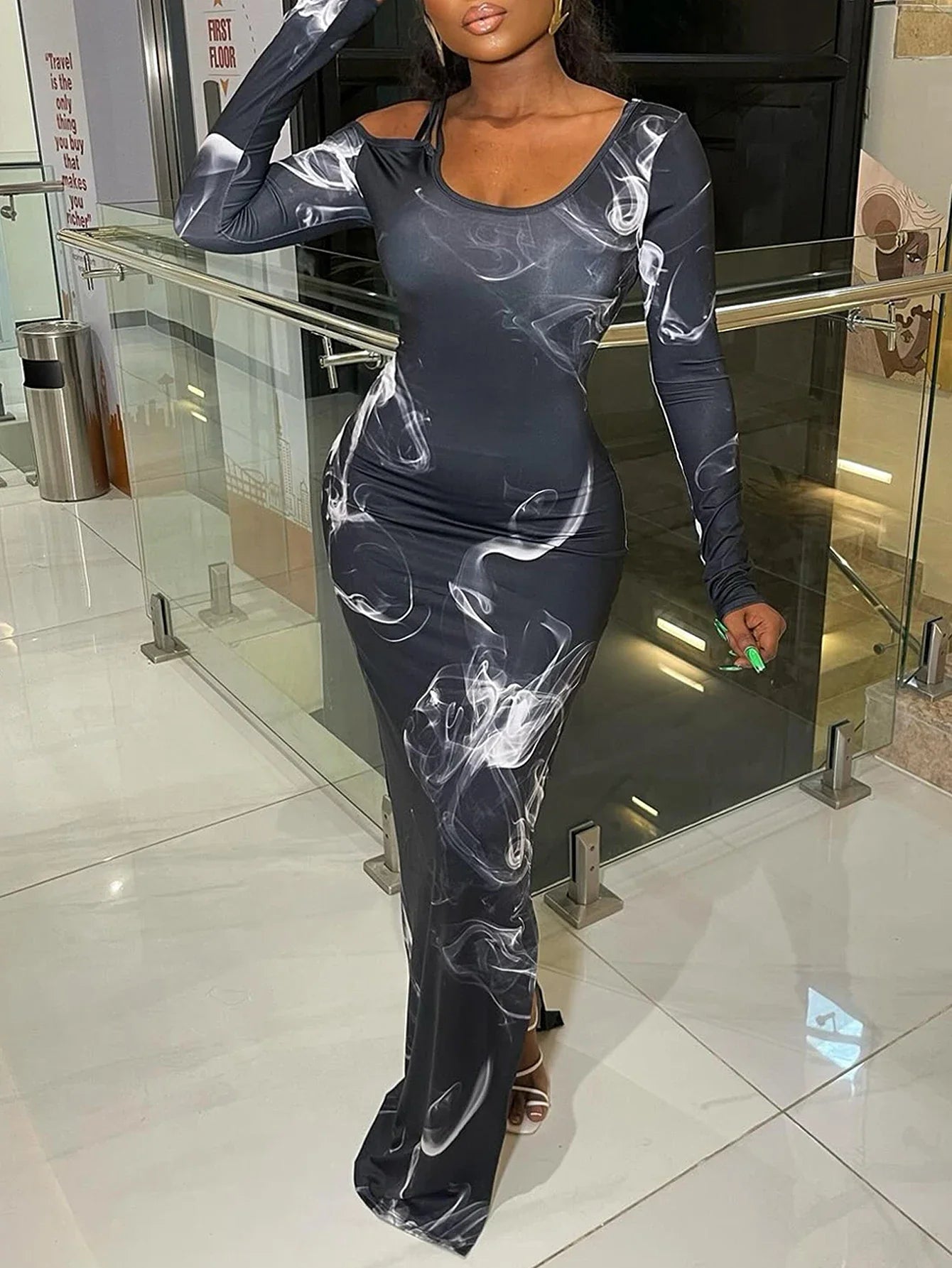 Women's Long Sleeve Printed Mesh Midi Dress Round Neck