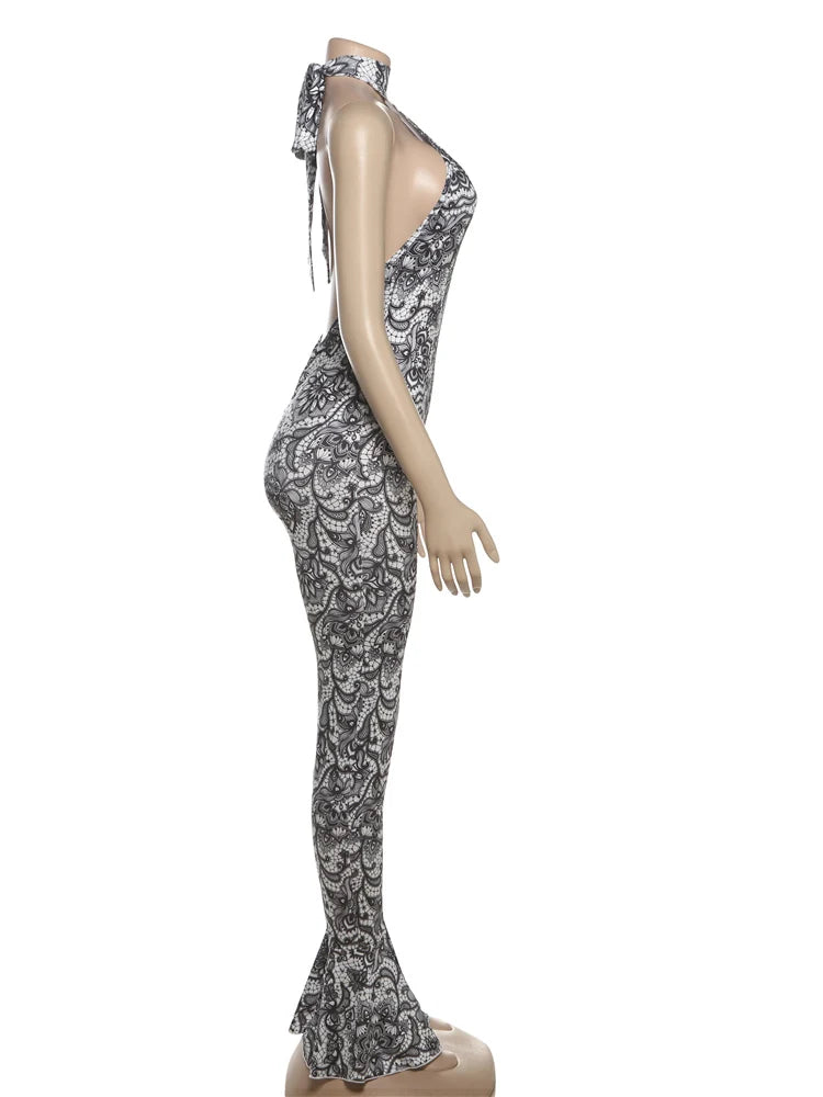 Attractive Y2K Women Jumpsuit Fashion Print Halter Neck Backless High Collar Off Shoulder Overalls for Nightclub Party
