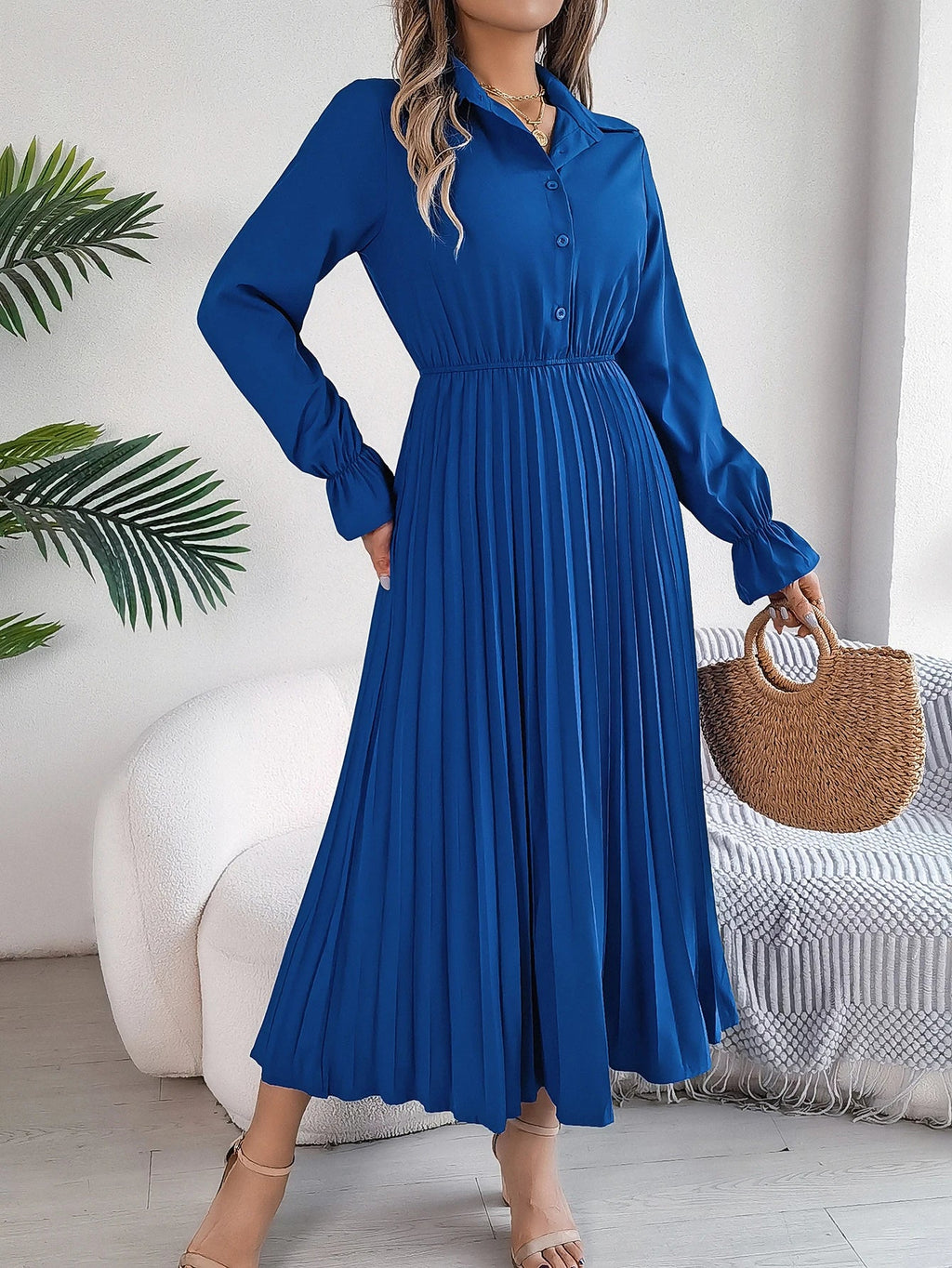 Solid Color Polo Neck Pleated Long Sleeve Dress For Women