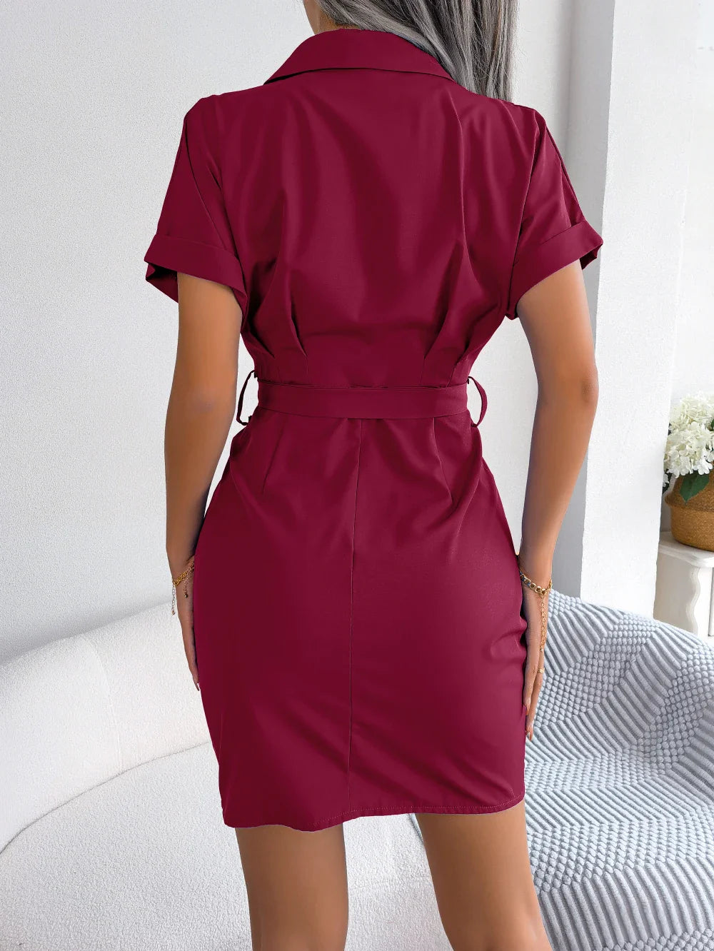 Women Summer Short Sleeve Pleated Button Front Pencil Dress