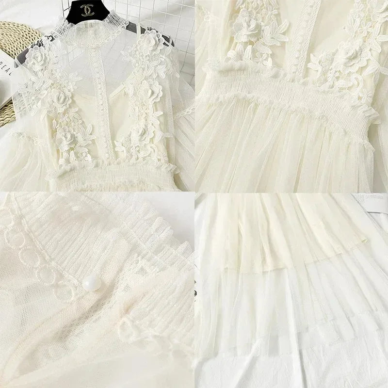White Lace Mesh Dress With Lantern Sleeves For Women
