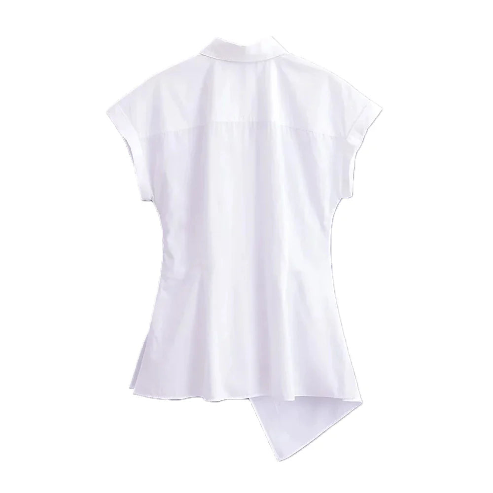 Asymmetric Poplin Shirt for Women with Front Knot Ties Short Sleeve Button-Up Chic Blouse Top
