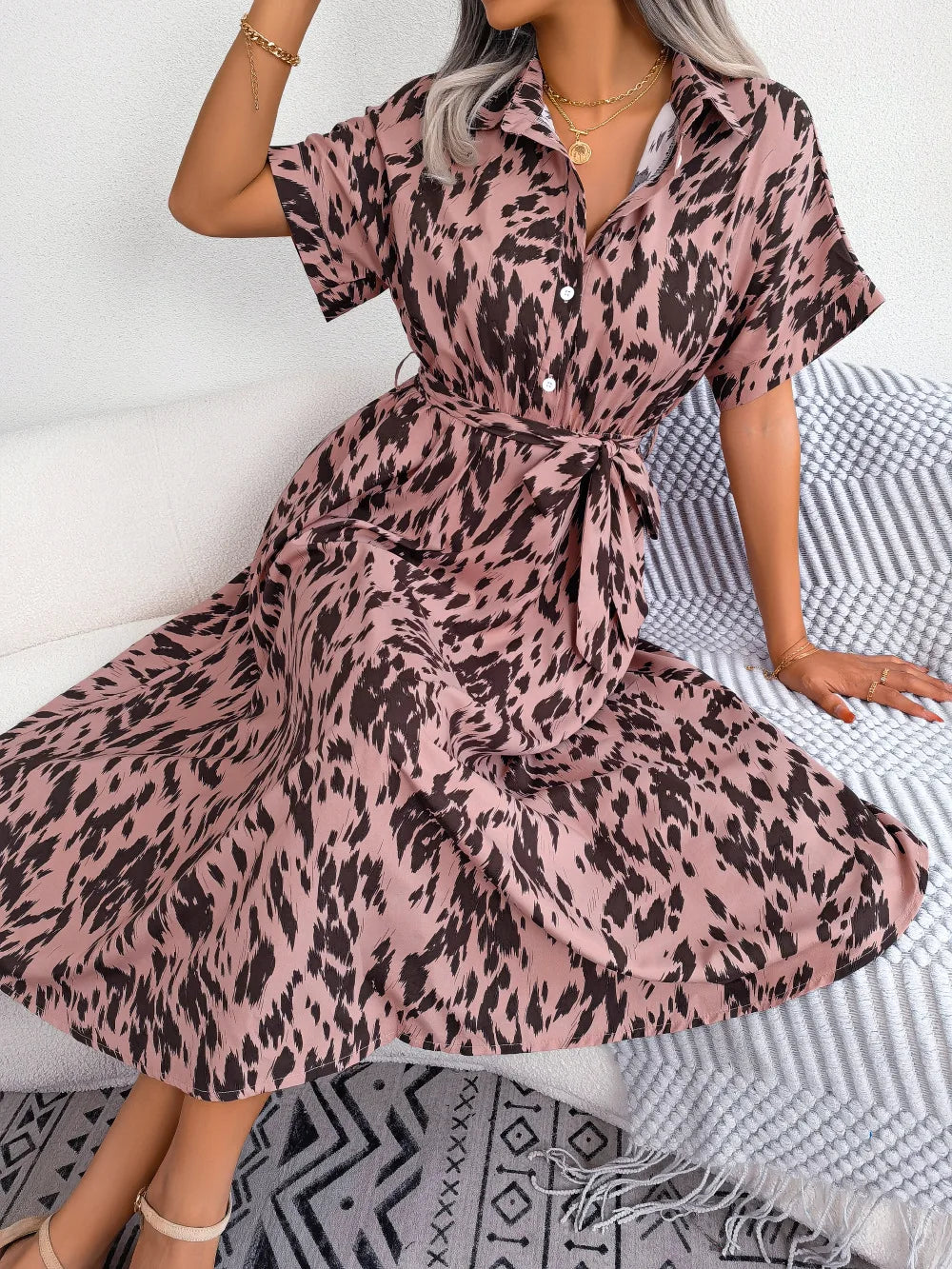 Leopard Print Shirt Dress Lace Up Casual Summer Style
