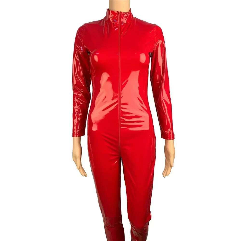 Womens Wet Look PU Leather Jumpsuit Long Sleeve Shiny Latex Bodysuit Zipper Open Crotch Stretch Clubwear Plus Size