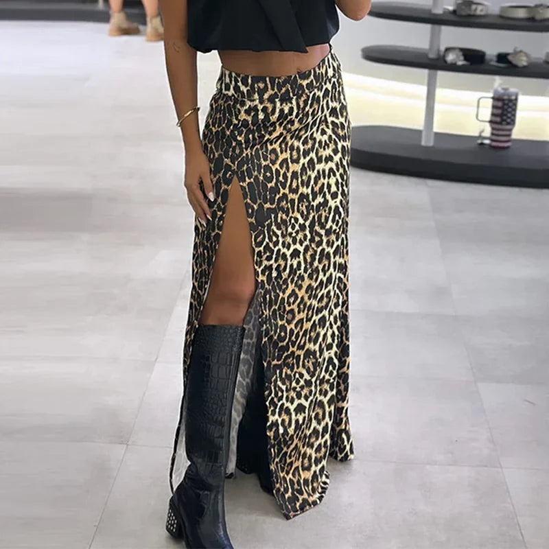 Women Two Piece Set Sleeveless V Neck Single Button Tank Top with A Line Slit Printed Long Skirt Elegant Summer Outfit
