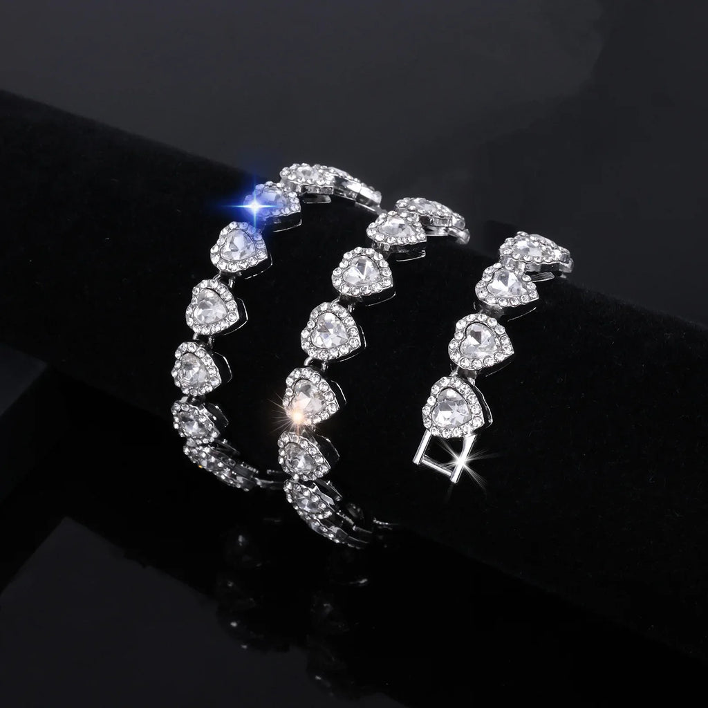 Hip Hop Tennis Chain Bracelet Necklace Set with Shiny Heart Rhinestone CZ Fashion Jewelry