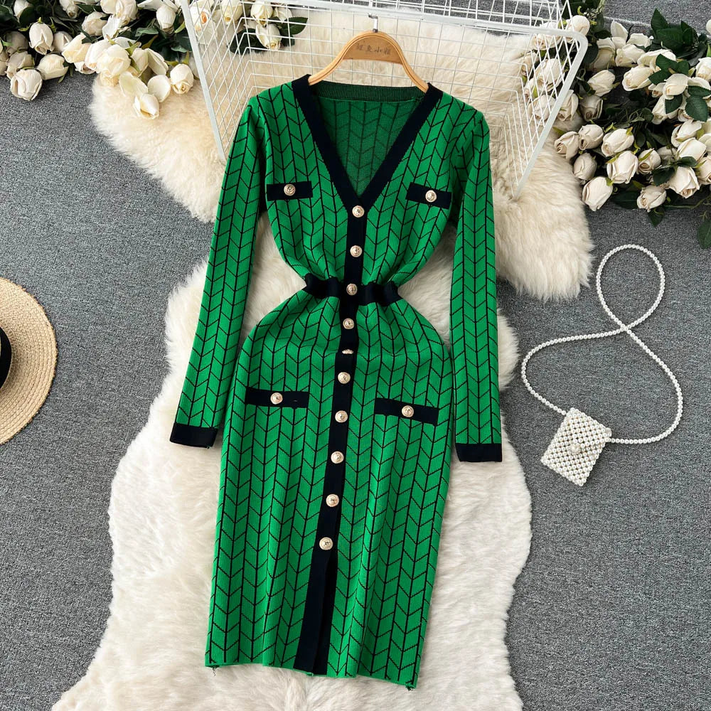 Autumn Plaid Knit Dress Women V Neck Elastic Waist Midi