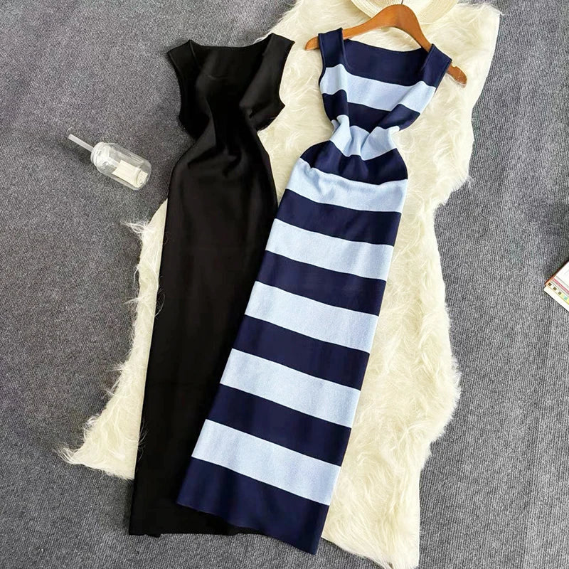Striped Knitted Maxi Dress Square Neck Sleeveless Bodycon