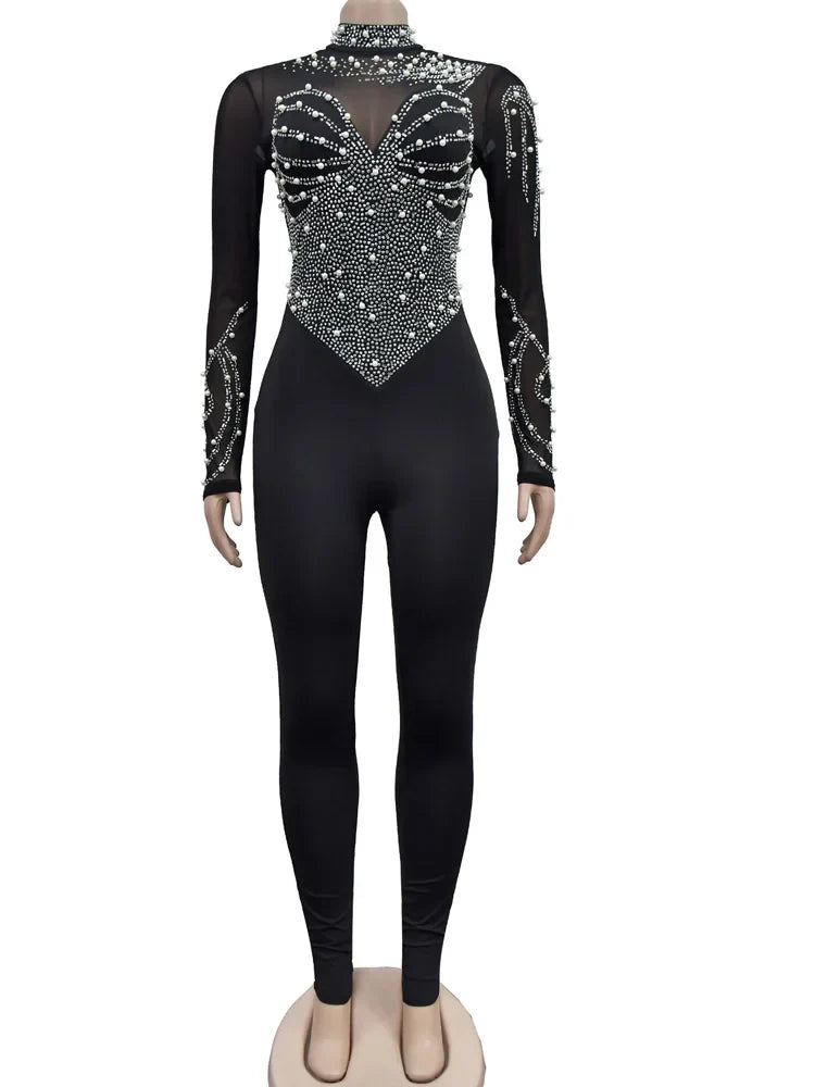Women's Sheer Mesh Crystal Jumpsuit with Pearls and Rhinestones Long Sleeve Fitted Glam Romper Clubwear One-Piece Outfit