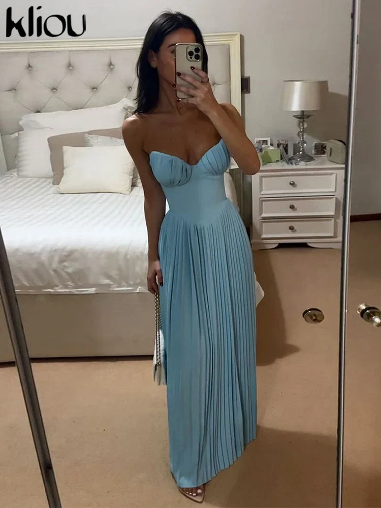 Pleated Maxi Dress Wrap Front Zip Up Bodice Shaping