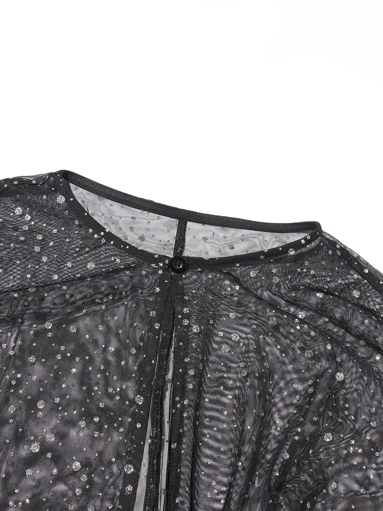 Sequin Patchwork Dress With Round Neck Mesh Sleeves