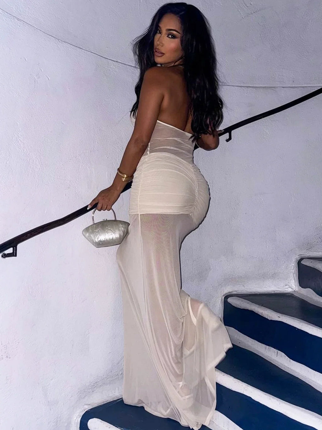 Backless Maxi Dress Sleeveless Bodycon Ruched Mesh Elegant