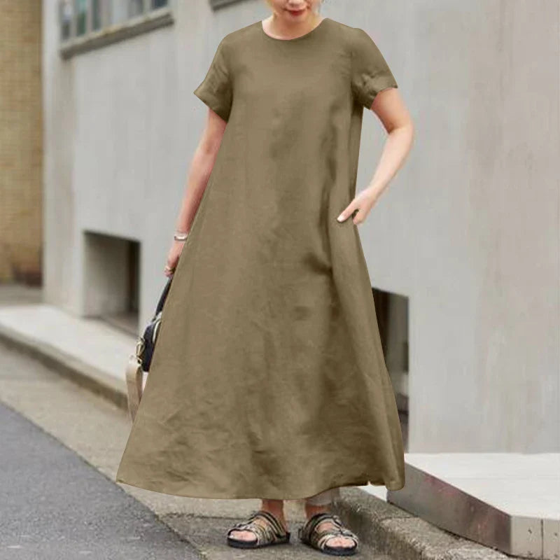 Summer Maxi Dress Women O Neck Short Sleeve Sundress A Line