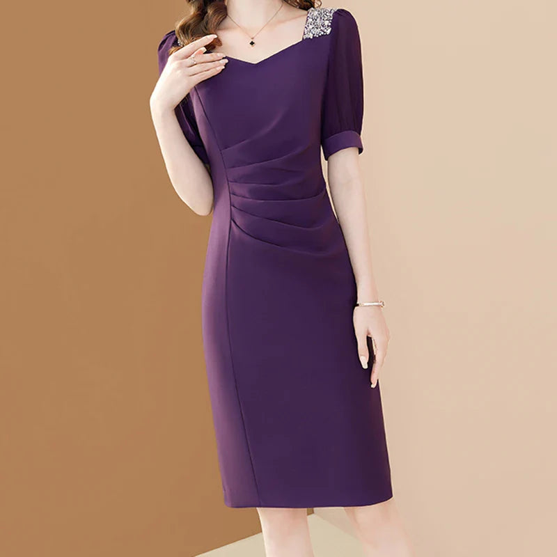 Purple Embroidered A Line Dress For Office And Party
