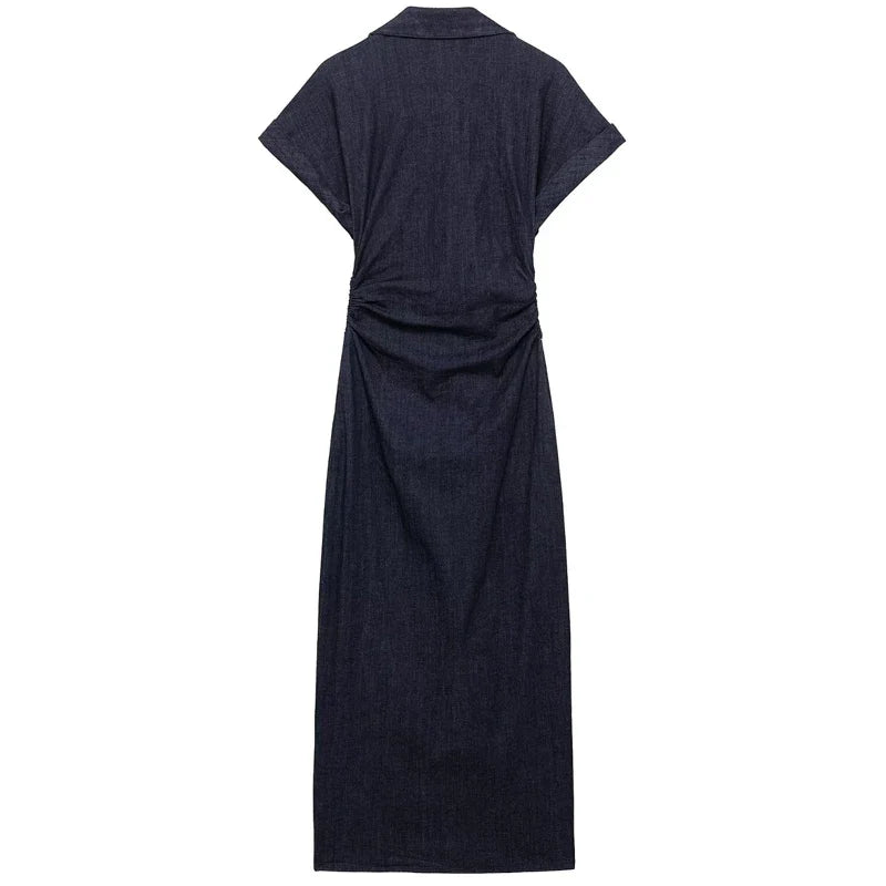 Elegant Blue Midi Dress With Ruffles And Corset Details