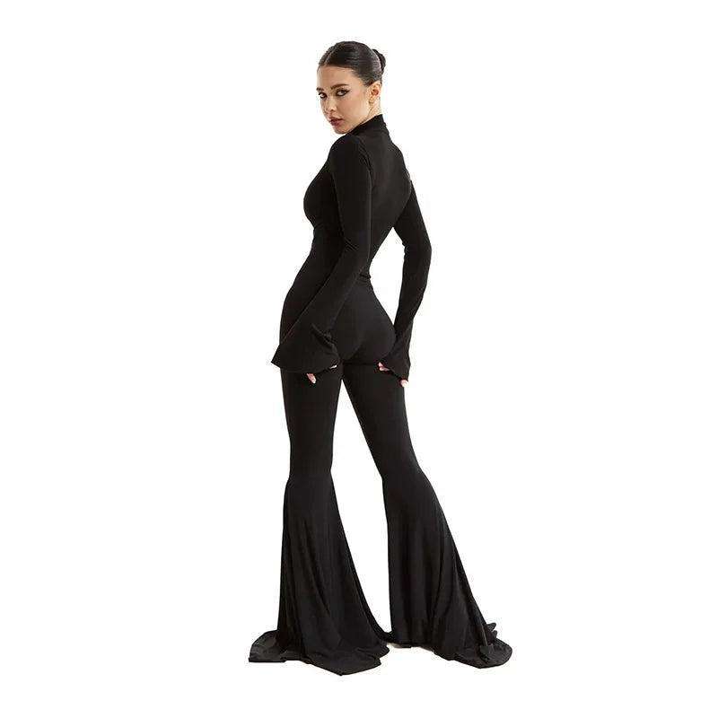 Slim Fit Hollow Out Long Sleeve Semi High Neck Jumpsuit with Elastic Waist Solid Color Women's Slim Pants Y2K Inspired Bottoms