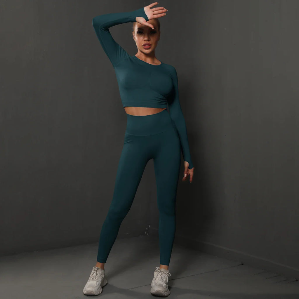 2Pcs Women Seamless Energy Gym Set Bubble Butt Sports Leggings and Long Sleeve Push Up Running Tracksuit Tights Activewear Set